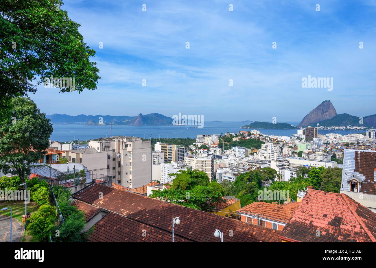 View over the city looking towards Sugarloaf Mountain, Parque das Ruínas, Santa Teresa, Rio de Janeiro, Brazil Stock Photo