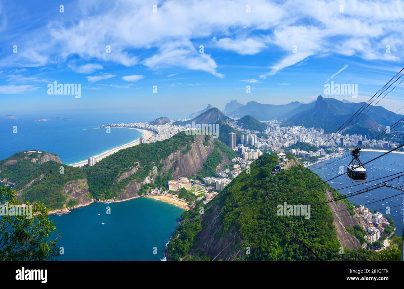 Top station of the Sugarloaf Cable Car looking down over the city and Copacabana Beach, Sugarloaf Mountain, Rio de Janeiro, Brazil Stock Photo