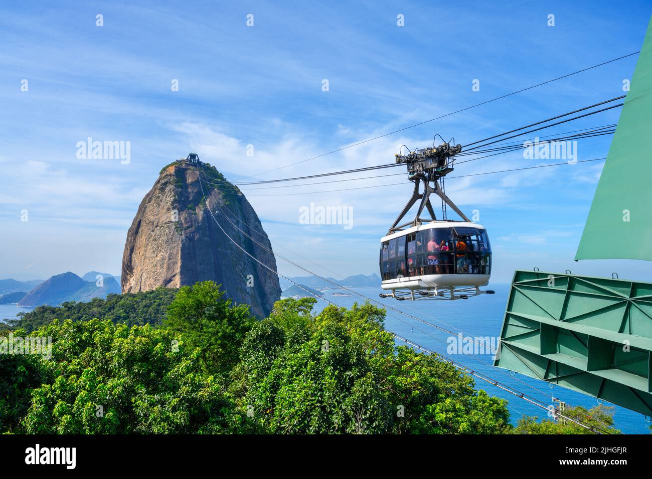 Middle station of the Sugarloaf Cable Car, looking up to Sugarloaf Mountain, Morro da Urca, Sugarloaf Mountain, Rio de Janeiro, Brazil Stock Photo