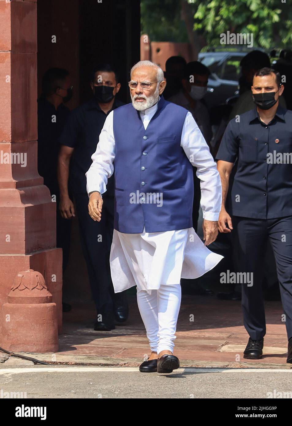 New Delhi, India. 18th July, 2022. India's prime minister Narendra Modi, arrives for the opening day of the Monsoon session at Parliament House. Credit: SOPA Images Limited/Alamy Live News Stock Photo