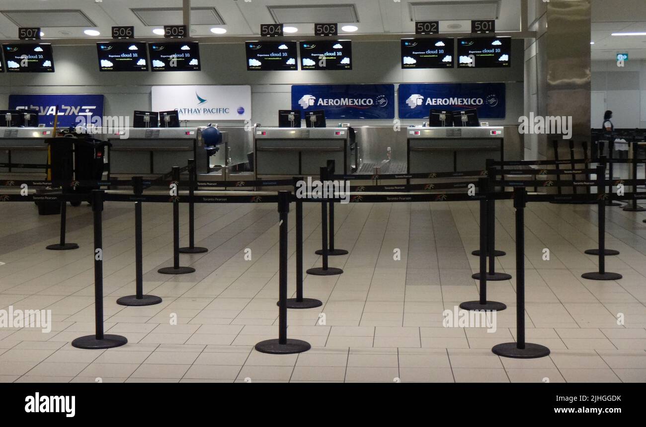 Toronto, Ontario, Canada - Oct 25 2016 Toronto Pearson YYZ Airport Empty departures check in area for  AeroMexico and Cathay Pacific Stock Photo