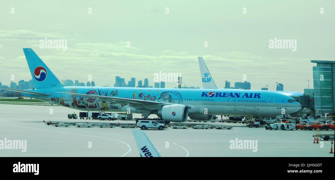 Toronto, Ontario, Canada - Oct 26 2016 Toronto Pearson Airport. A special Boeiing 777-300ER with a children drawing Love Livery Stock Photo