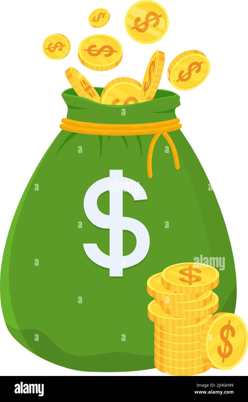 Vintage green money bag and Stacks of gold coins lie around it Stock ...