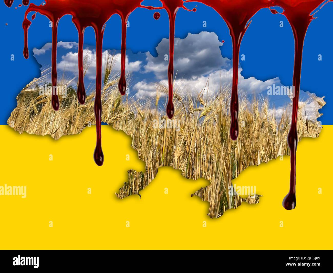 Conceptual image of Ukraine's map, global food crisis caused by Russia Blood Stock Photo