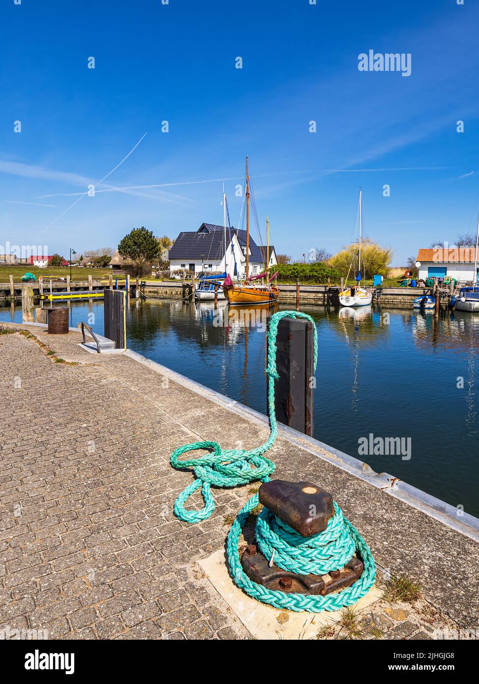 View to the port Neuendorf on the island Hiddensee, Germany. Stock Photo