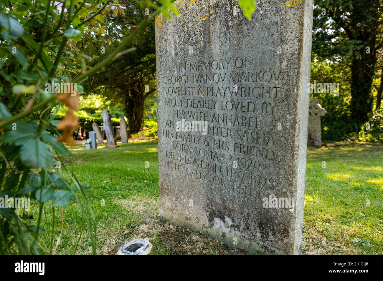 Georgi Markov gravestone in church graveyard, Bulgarian dissident, Whitchurch Canonicorum churchyard, Dorset, England, UK Stock Photo