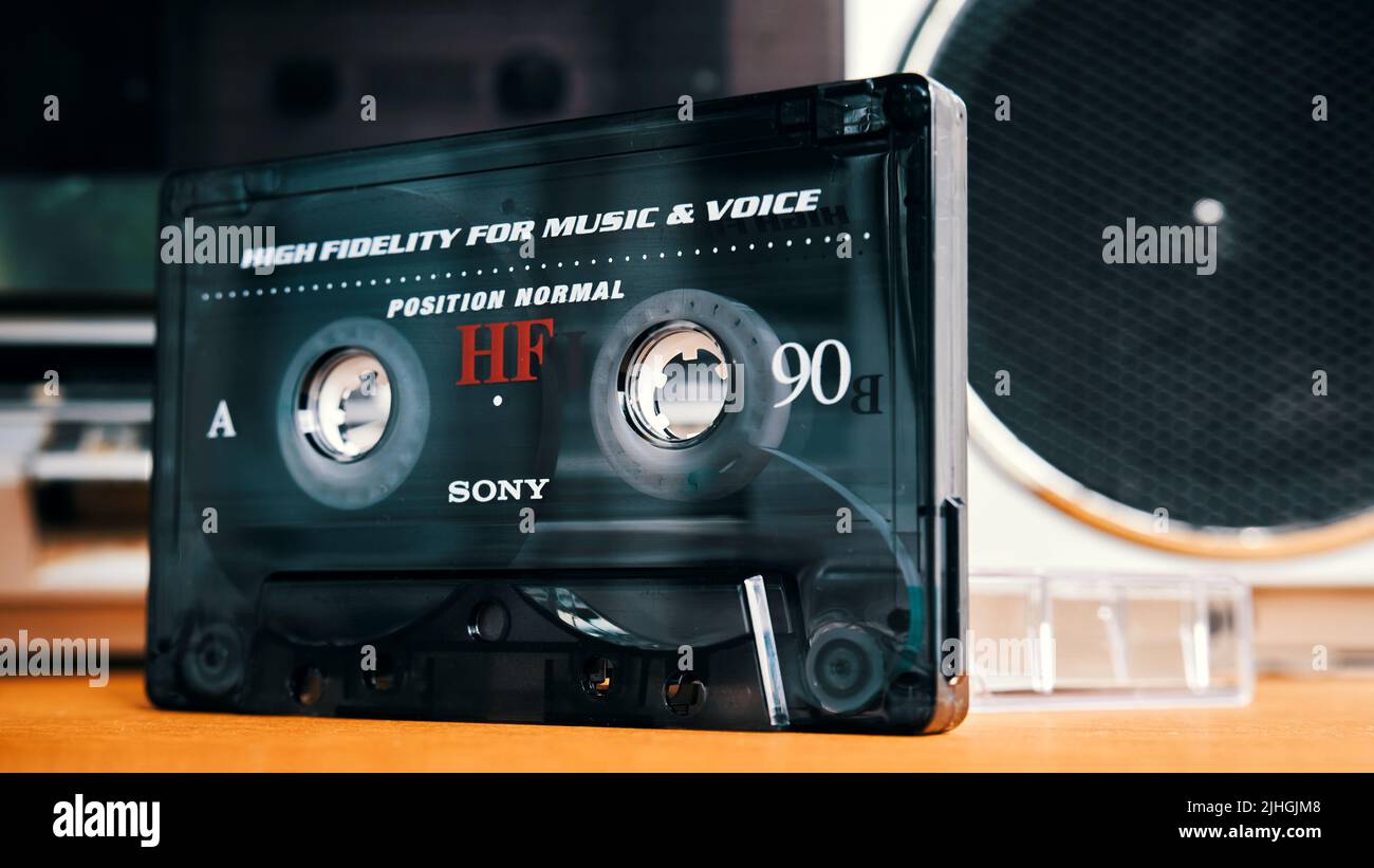 Sony audio cassette closeup. Analogue audio recording on tape