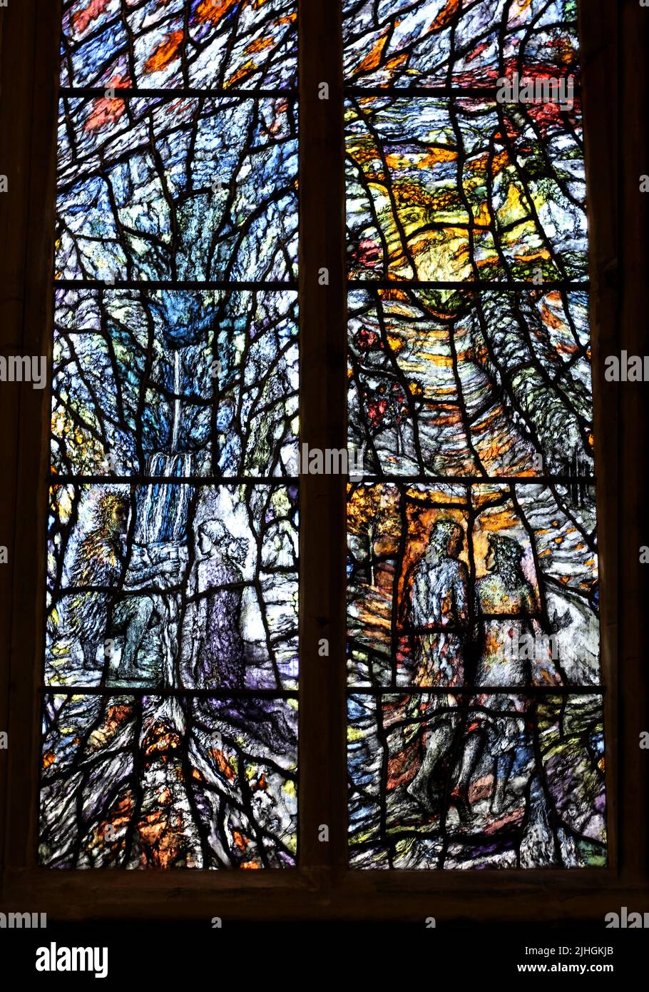 The Millennium windows by Thomas Denny. The modern stained glass windows were given to Great Malvern Priory, Malvern, Worcestershire in 2003 Stock Photo