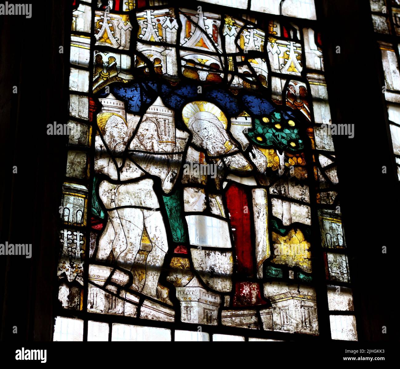 Adam and Eve and the tree of knowledge. Ancient stained glass windows ...