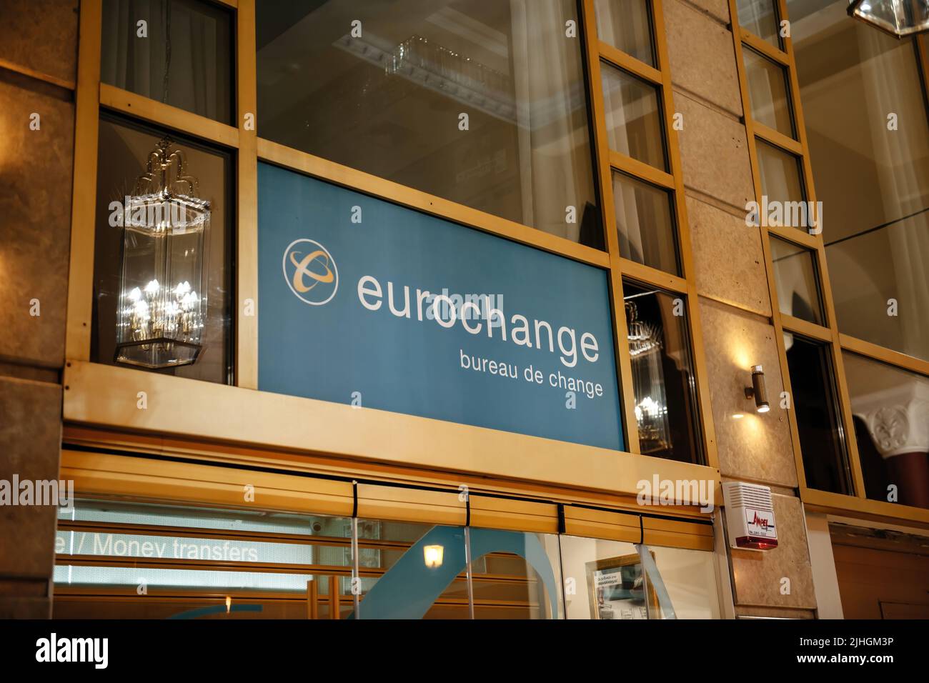 Thessaloniki, Greece - Oct 30, 2014: Eurochange - bureau de change signage above the entrance in Pl. Aristotelous 9 modern and fast money currency exchange service Stock Photo