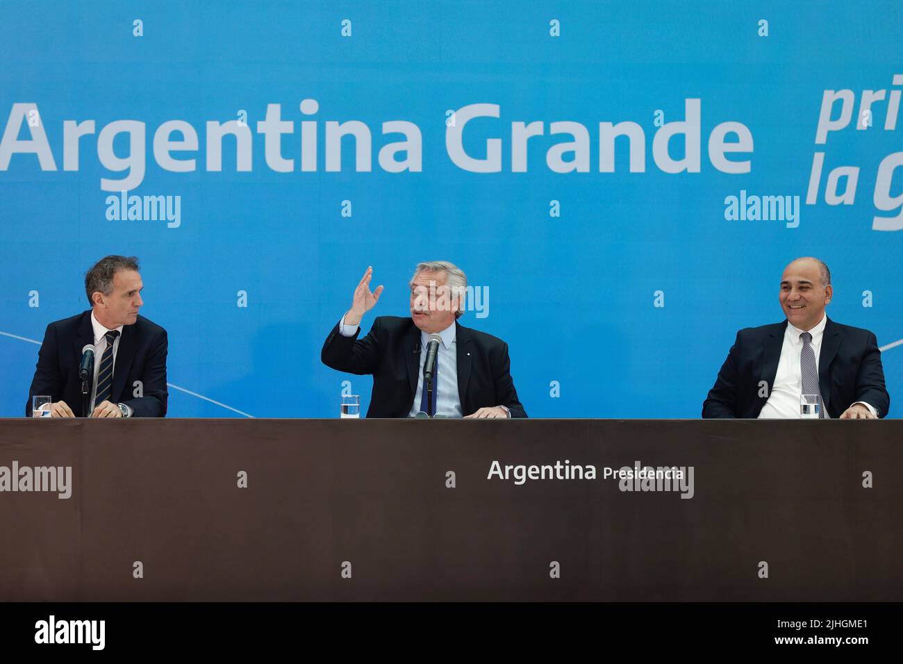 Buenos Aires, 18th July 2022. President Alberto Fernández led the presentation of Argentina Grande, Infrastructure Plan for the Development of the Nation, together with the Minister of Public Works, Gabriel Katopodis and the Chief of the Cabinet of Ministers Juan Manzur (Credit: Esteban Osorio/Alamy Live News) Stock Photo