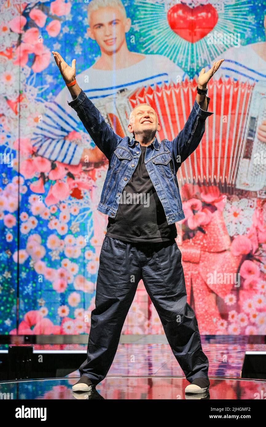 London, UK. 18th July, 2022. Jean Paul Gaultier poses on stage.The musical spectacle based on the life of fashion icon Jean Paul Gaultier and features 50 years of pop culture through the eyes of fashion's enfant terrible. The show runs at the iconic Roundhouse in Camden from 15 July - 28 August. Credit: Imageplotter/Alamy Live News Stock Photo