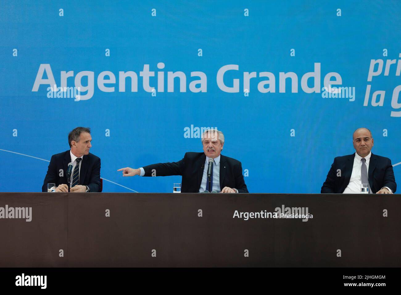 Buenos Aires, 18th July 2022. President Alberto Fernández led the presentation of Argentina Grande, Infrastructure Plan for the Development of the Nation, together with the Minister of Public Works, Gabriel Katopodis and the Chief of the Cabinet of Ministers Juan Manzur (Credit: Esteban Osorio/Alamy Live News) Stock Photo