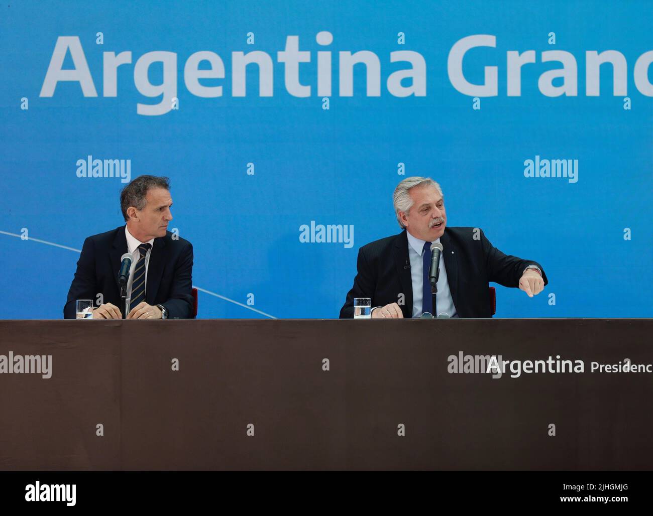 Buenos Aires, 18th July 2022. President Alberto Fernández led the presentation of Argentina Grande, Infrastructure Plan for the Development of the Nation, together with the Minister of Public Works, Gabriel Katopodis. (Credit: Esteban Osorio/Alamy Live News) Stock Photo