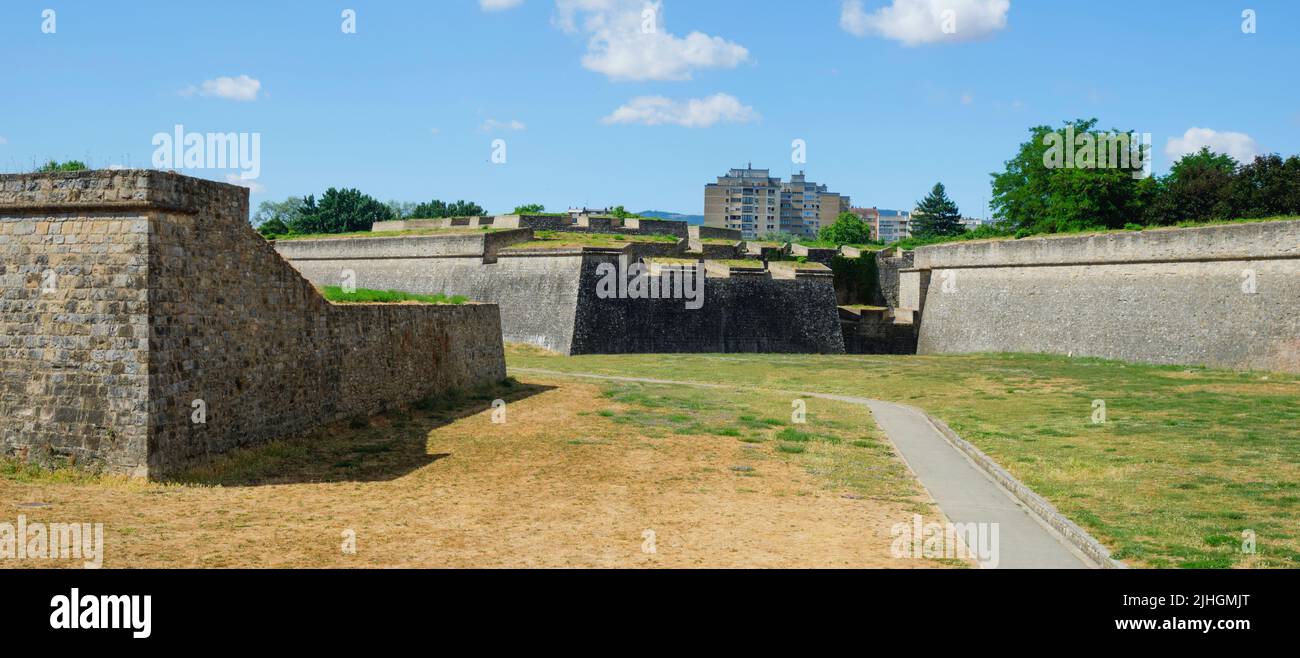 a view over the ramparts of the San Juan Bastion of the Citadel of Pamplona, in the Chartered Community of Navarre, Spain, in a panoramic format to us Stock Photo