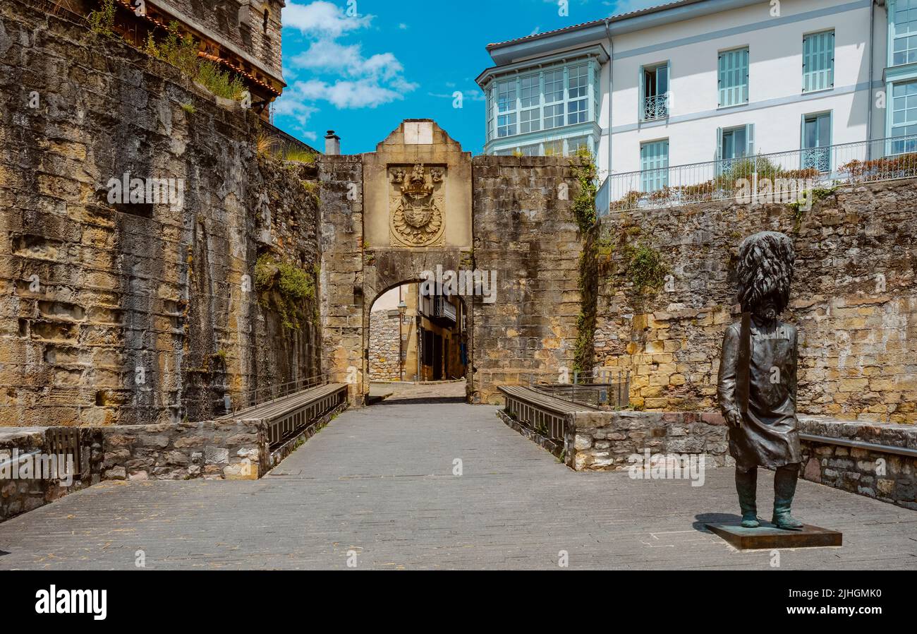 a view of the Santa Maria Gate and the gateway to the fortified old town of Hondarribia, in the Basque Country, Spain Stock Photo