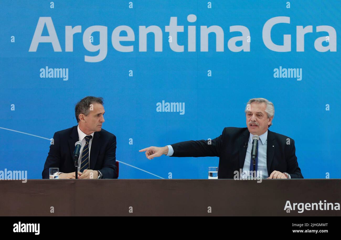 Buenos Aires, 18th July 2022. President Alberto Fernández led the presentation of Argentina Grande, Infrastructure Plan for the Development of the Nation, together with the Minister of Public Works, Gabriel Katopodis. (Credit: Esteban Osorio/Alamy Live News) Stock Photo