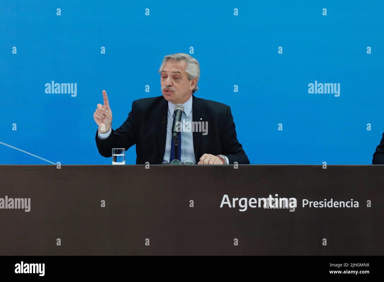 Buenos Aires, 18th July 2022. President Alberto Fernández led the presentation of Argentina Grande, Infrastructure Plan for the Development of the Nation, together with the Minister of Public Works, Gabriel Katopodis. The President of the Nation Alberto Fernandez giving his speech at the event. (Credit: Esteban Osorio/Alamy Live News) Stock Photo