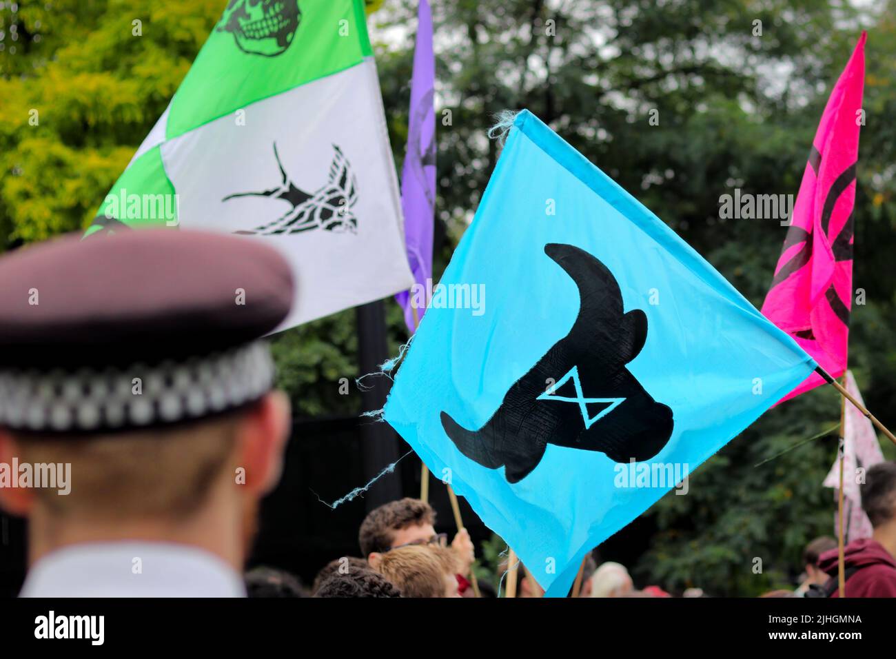 London, UK - September 04, 2021: Extinction Rebellion banners and flags at the protest in London Stock Photo