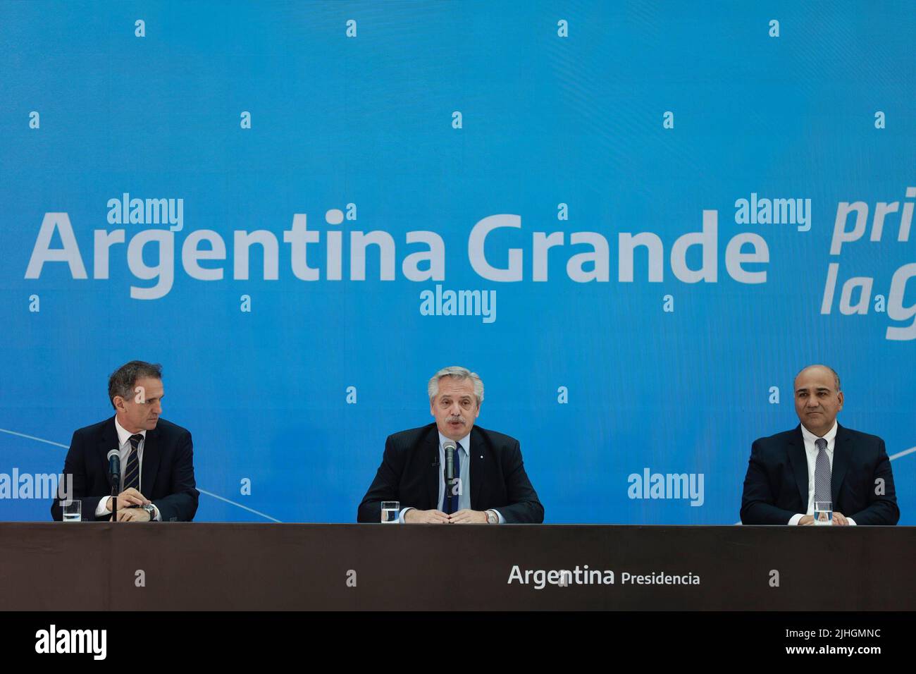 Buenos Aires, 18th July 2022. President Alberto Fernández led the presentation of Argentina Grande, Infrastructure Plan for the Development of the Nation, together with the Minister of Public Works, Gabriel Katopodis and the Chief of the Cabinet of Ministers Juan Manzur (Credit: Esteban Osorio/Alamy Live News) Stock Photo