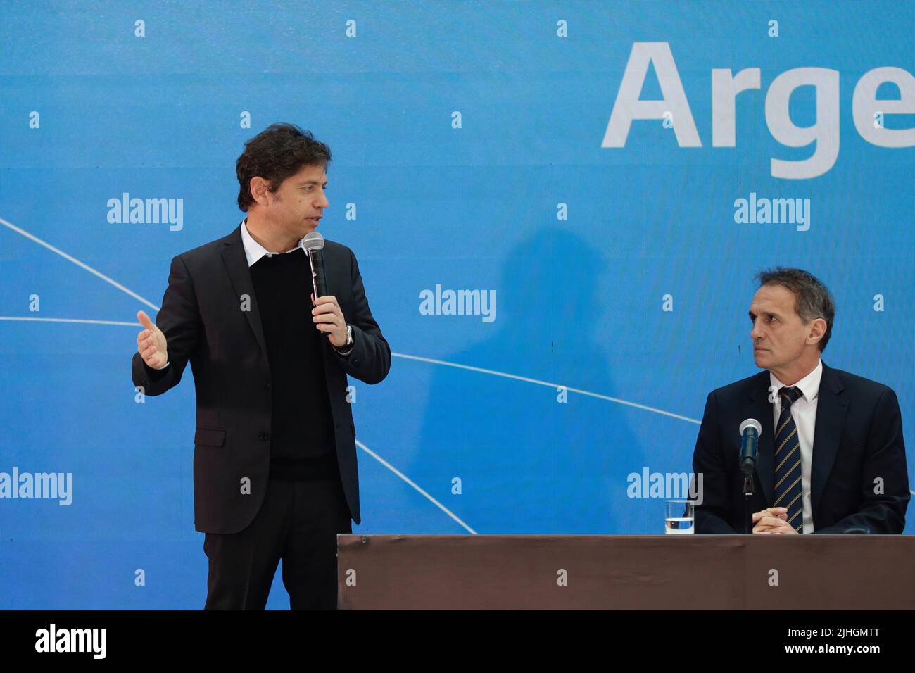 Buenos Aires, 18th July 2022. President Alberto Fernández led the presentation of Argentina Grande, Infrastructure Plan for the Development of the Nation, together with the Minister of Public Works, Gabriel Katopodis. The Governor of the Province of Buenos Aires Axel Kicillof giving a few words at the event.(Credit: Esteban Osorio/Alamy Live News) Stock Photo