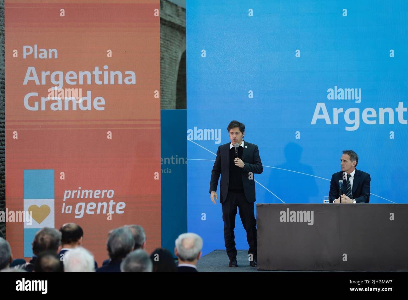 Buenos Aires, 18th July 2022. President Alberto Fernández led the presentation of Argentina Grande, Infrastructure Plan for the Development of the Nation, together with the Minister of Public Works, Gabriel Katopodis. The Governor of the Province of Buenos Aires Axel Kicillof giving a few words at the event.(Credit: Esteban Osorio/Alamy Live News) Stock Photo