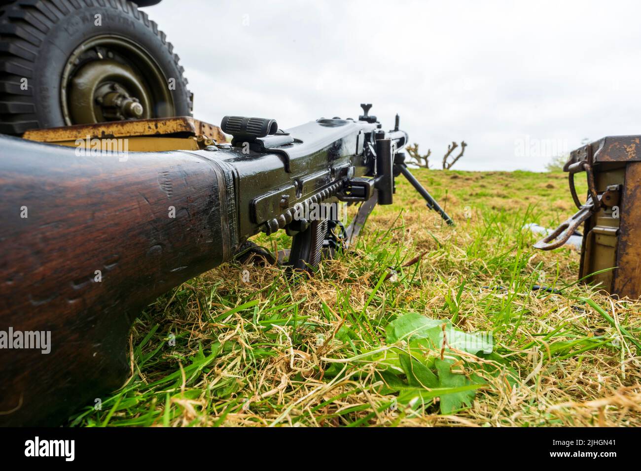 Low angle shooters view along a world war two German MG42 machine gun at a 1940's re enactment event at Sandwich in Kent. Stock Photo