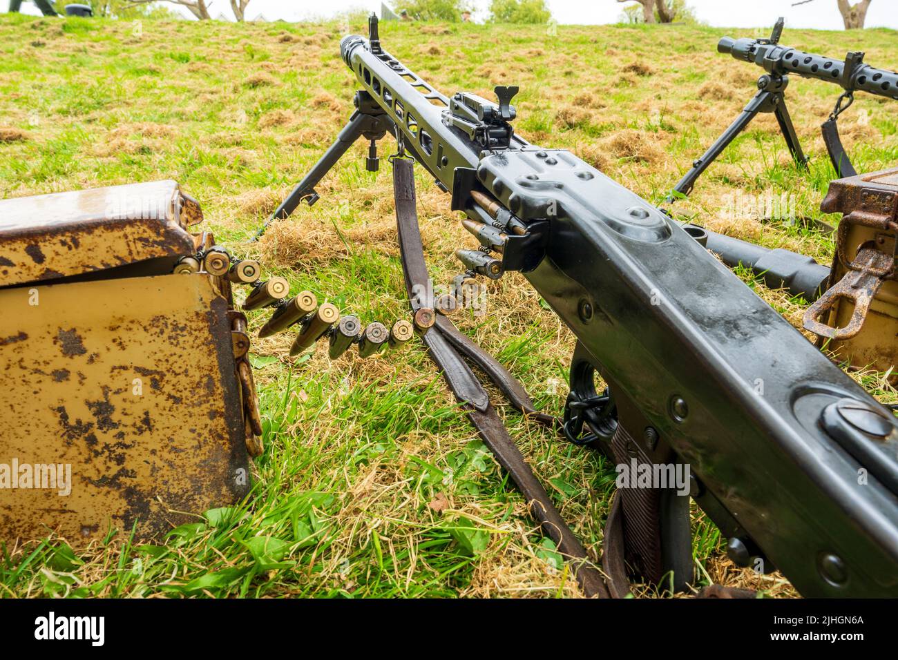 Second world war German MG42 machine gun. Detail showing the Gurt 34 metallic-link ammunition belt and the feed into the machine gun. Stock Photo