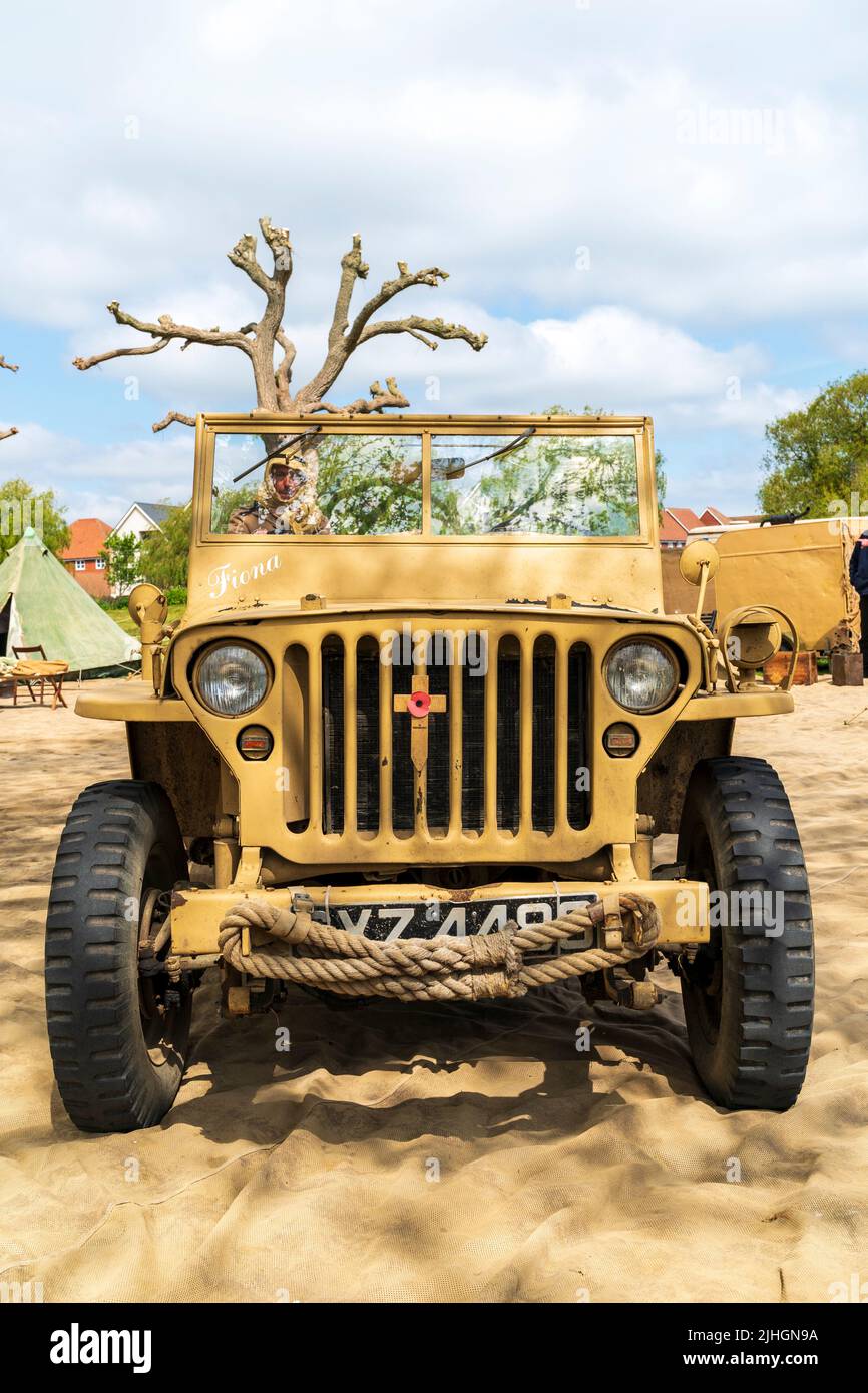 Low angle view of the front of a second world war vintage jeep painted yellow in the colours of the British 8th army Desert Rats. 1940's event, Stock Photo