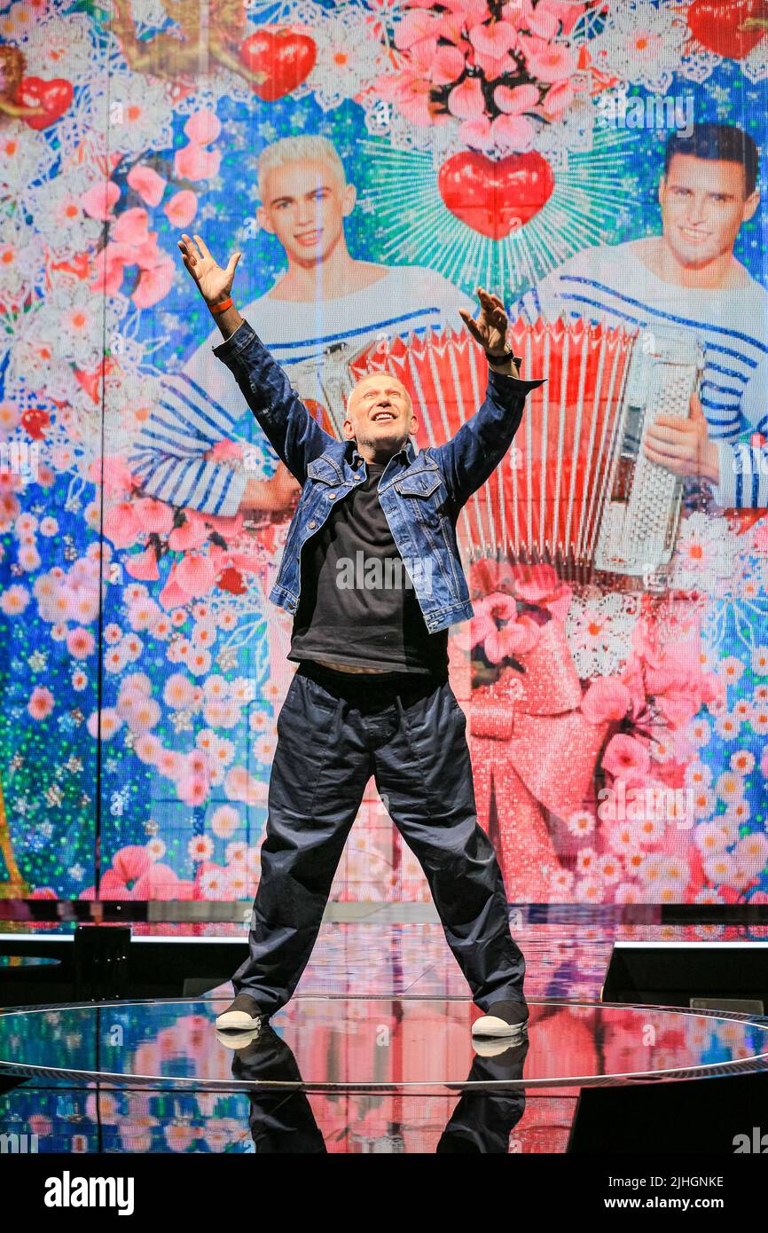 London, UK. 18th July, 2022. Jean Paul Gaultier poses on stage.The musical spectacle based on the life of fashion icon Jean Paul Gaultier and features 50 years of pop culture through the eyes of fashion's enfant terrible. The show runs at the iconic Roundhouse in Camden from 15 July - 28 August. Credit: Imageplotter/Alamy Live News Stock Photo