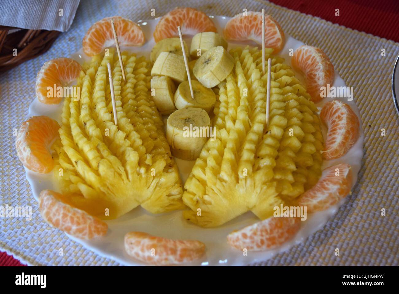 decorative fruits on plate, kerala, india Stock Photo