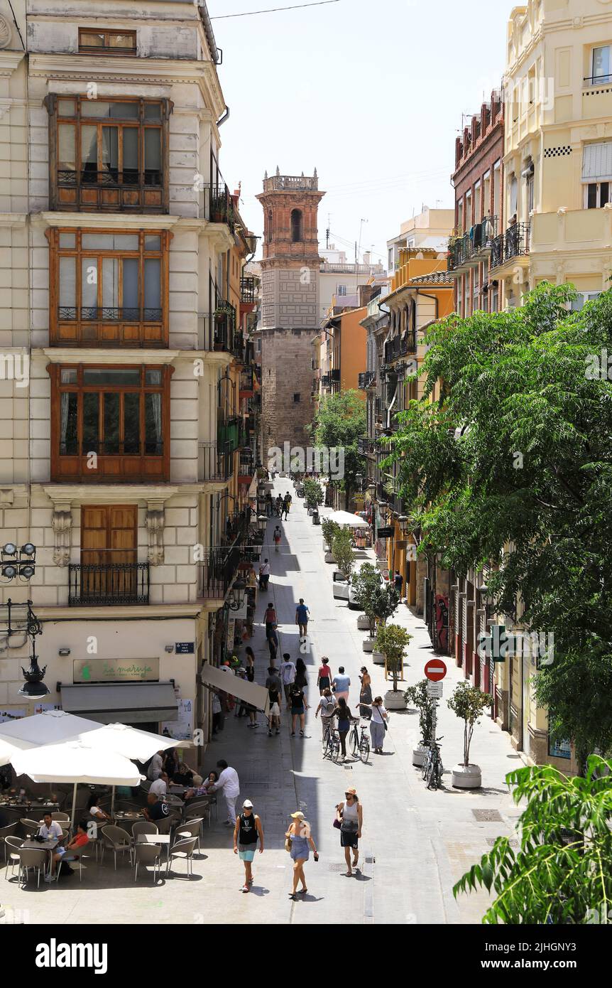 View over the buzzing old-town district of El Carmen from one of the medieval gates Torres de Serranos , once part of the old city walls, in Valencia Stock Photo