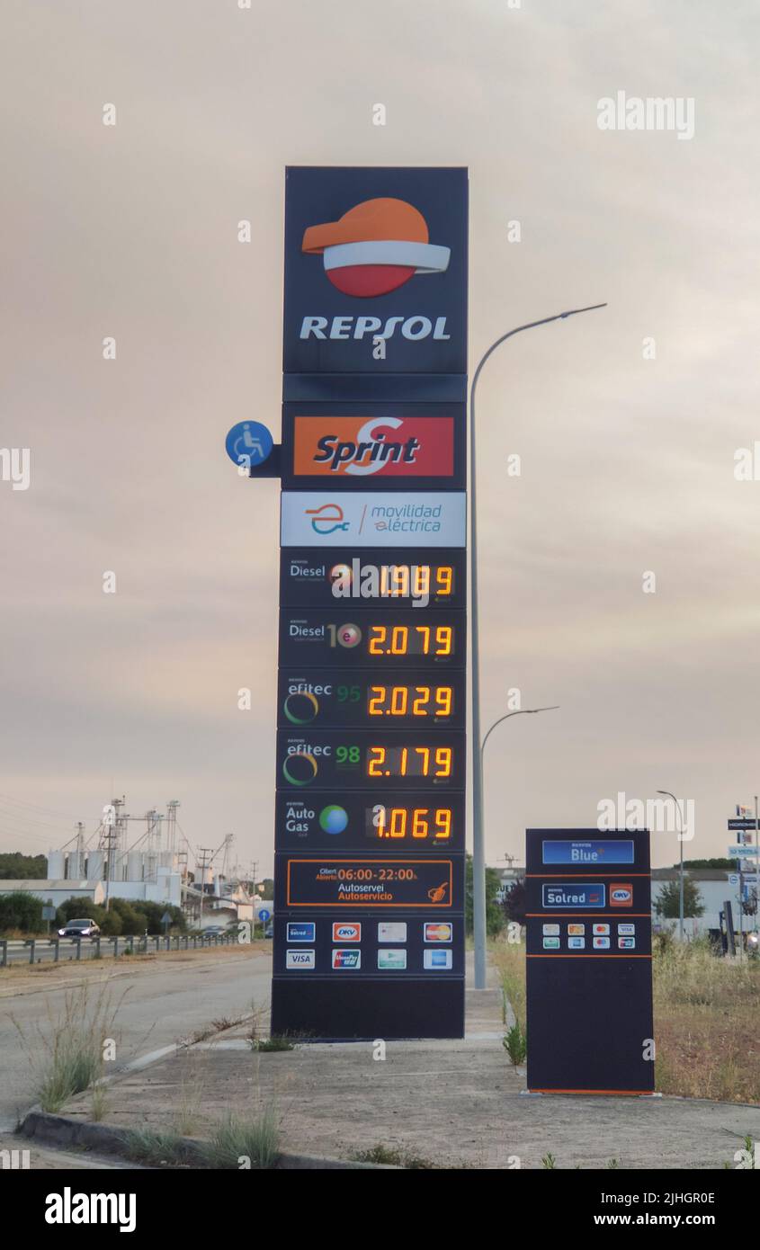 Bellvei, Spain - July 17 2022: Gas station price sign in Spain.Gasoline, diesel gas and oil fuel prices.Expensive prices. Stock Photo