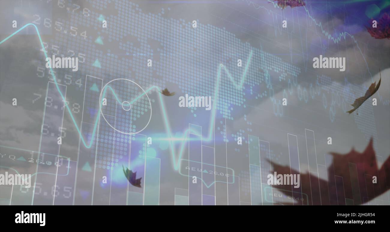Image of financial data processing over leaves falling and sky Stock Photo
