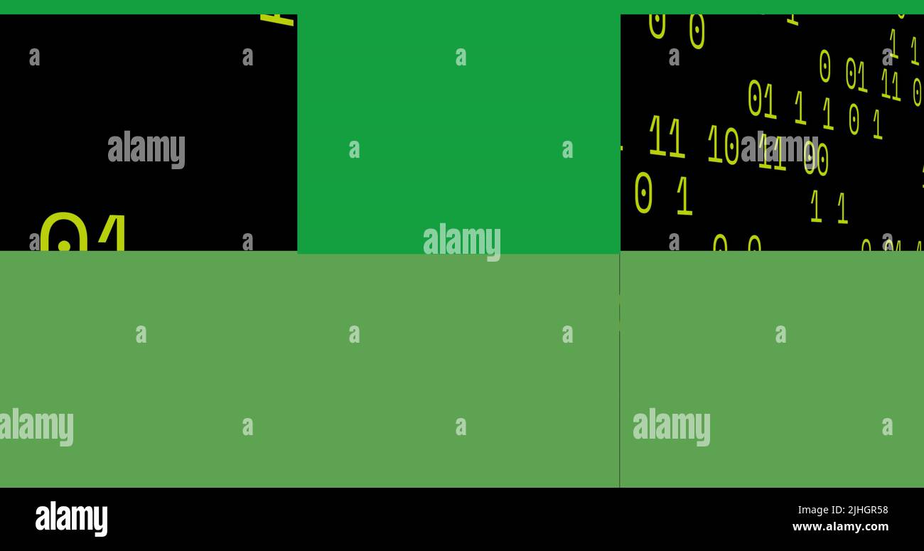 Image of green squares over data processing on black background Stock Photo