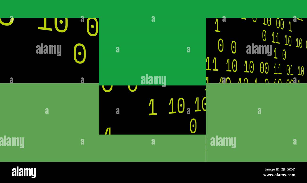 Image of green squares over data processing on black background Stock Photo