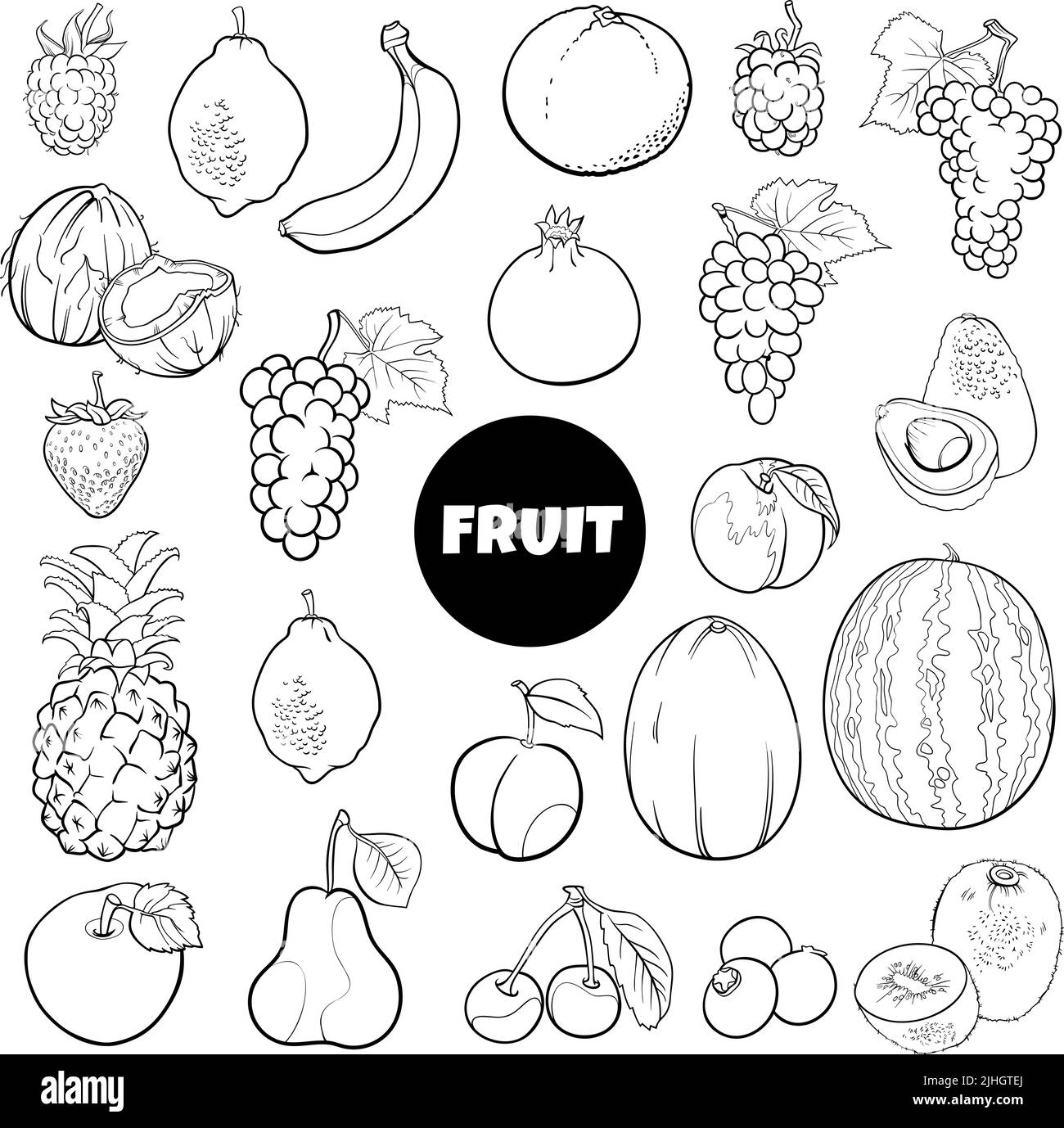 Black and white cartoon illustration of fresh fruit food objects set coloring page Stock Vector