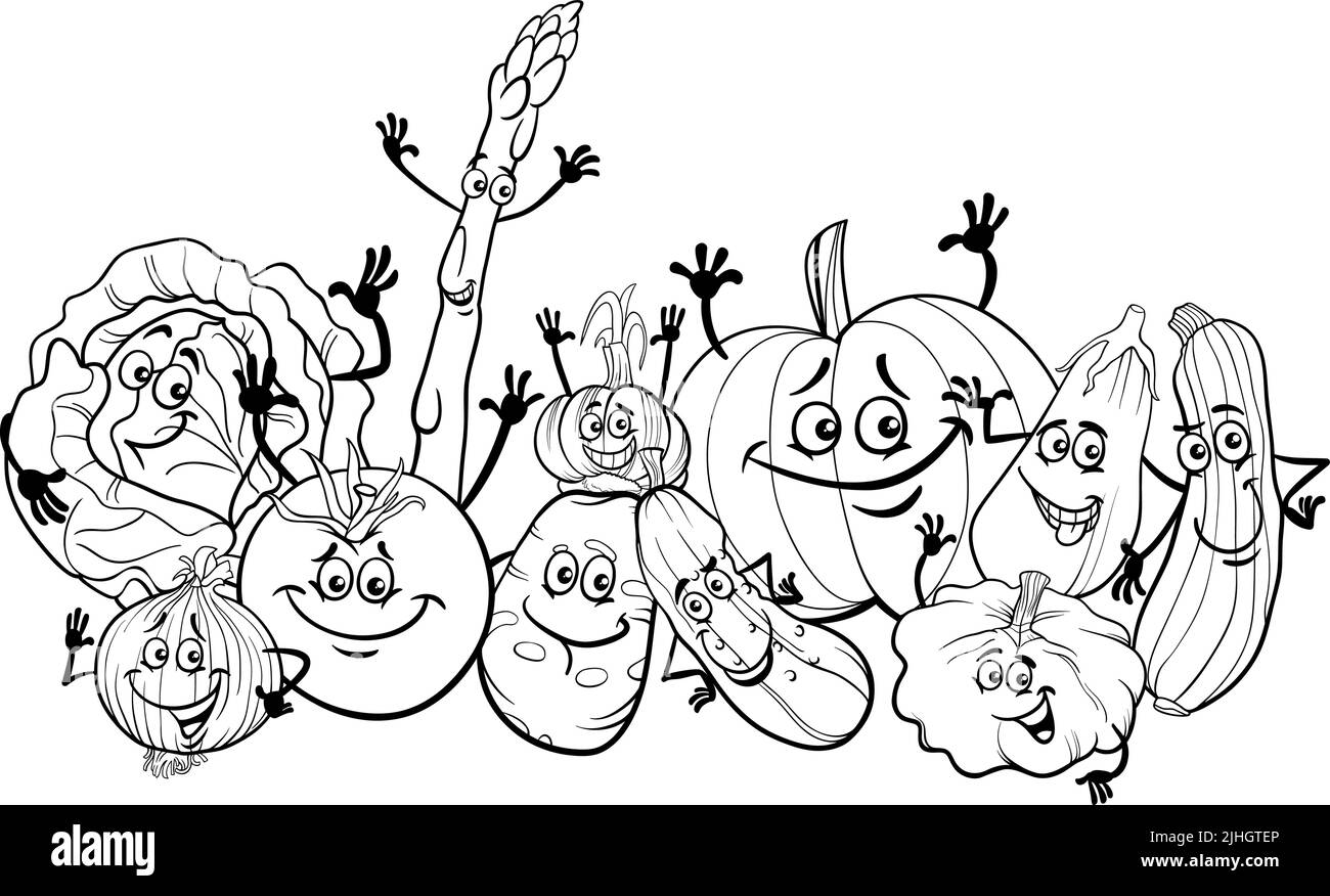 Black and white cartoon illustration of happy vegetables food characters group coloring page Stock Vector