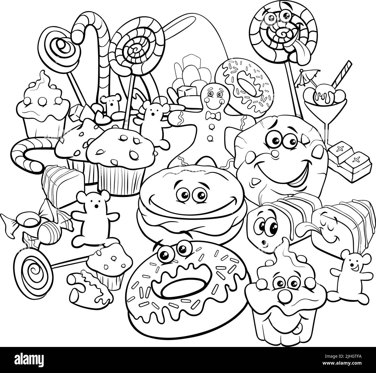 Black and white cartoon illustration of sweet food objets and candy objects group coloring page Stock Vector