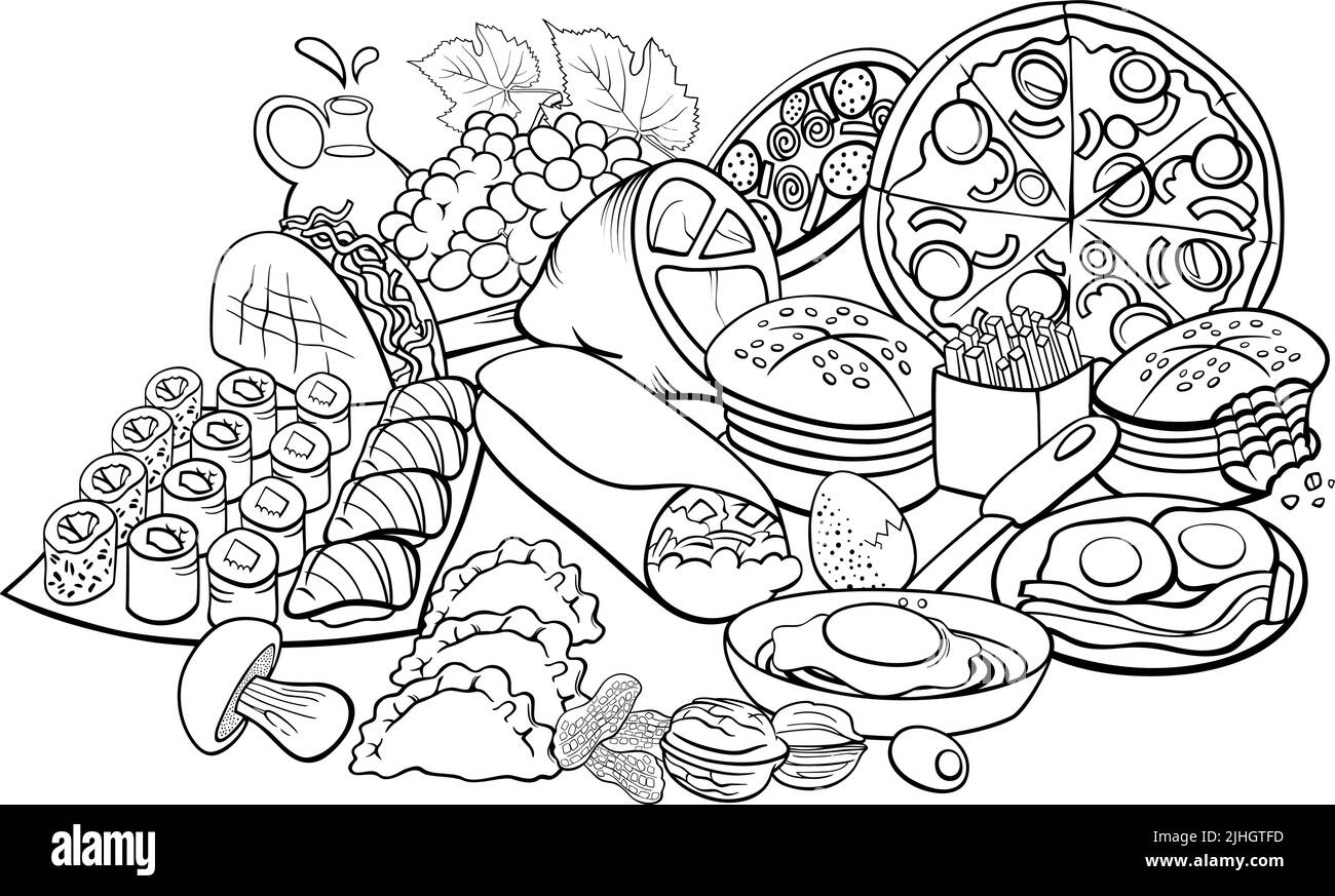 Black and white cartoon illustration of food dishes and objects group coloring page Stock Vector