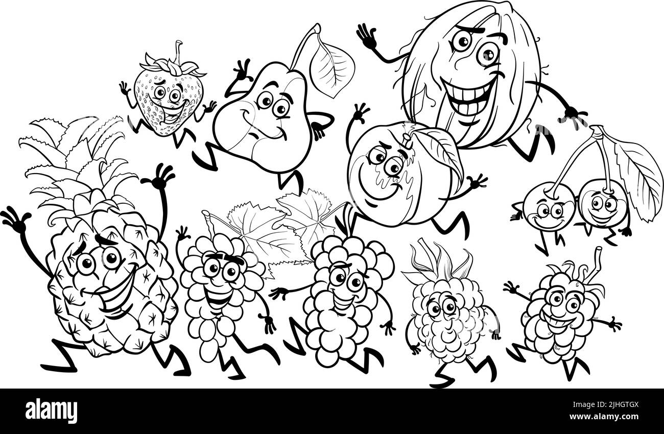 Black and white cartoon illustration of playful fruit comic characters group coloring page Stock Vector