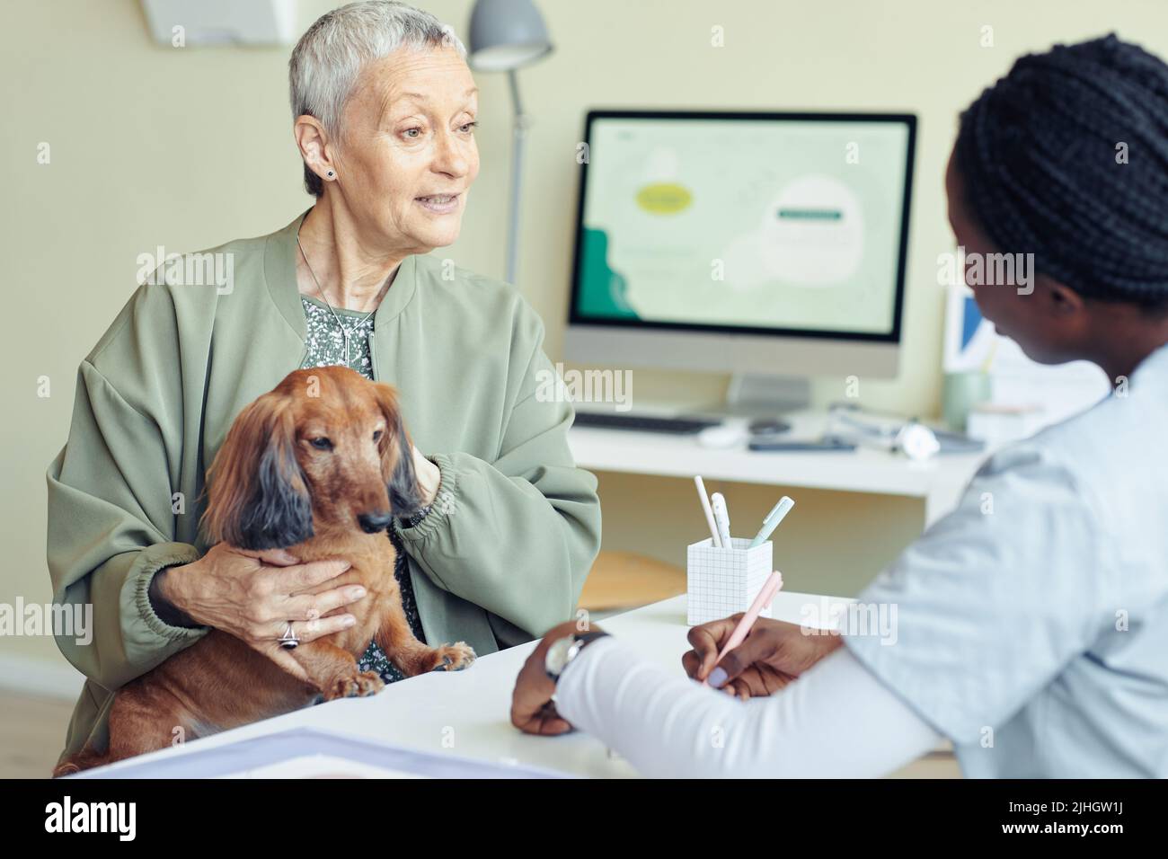 Portrait of senior woman with dog visiting vet clinic and talking to