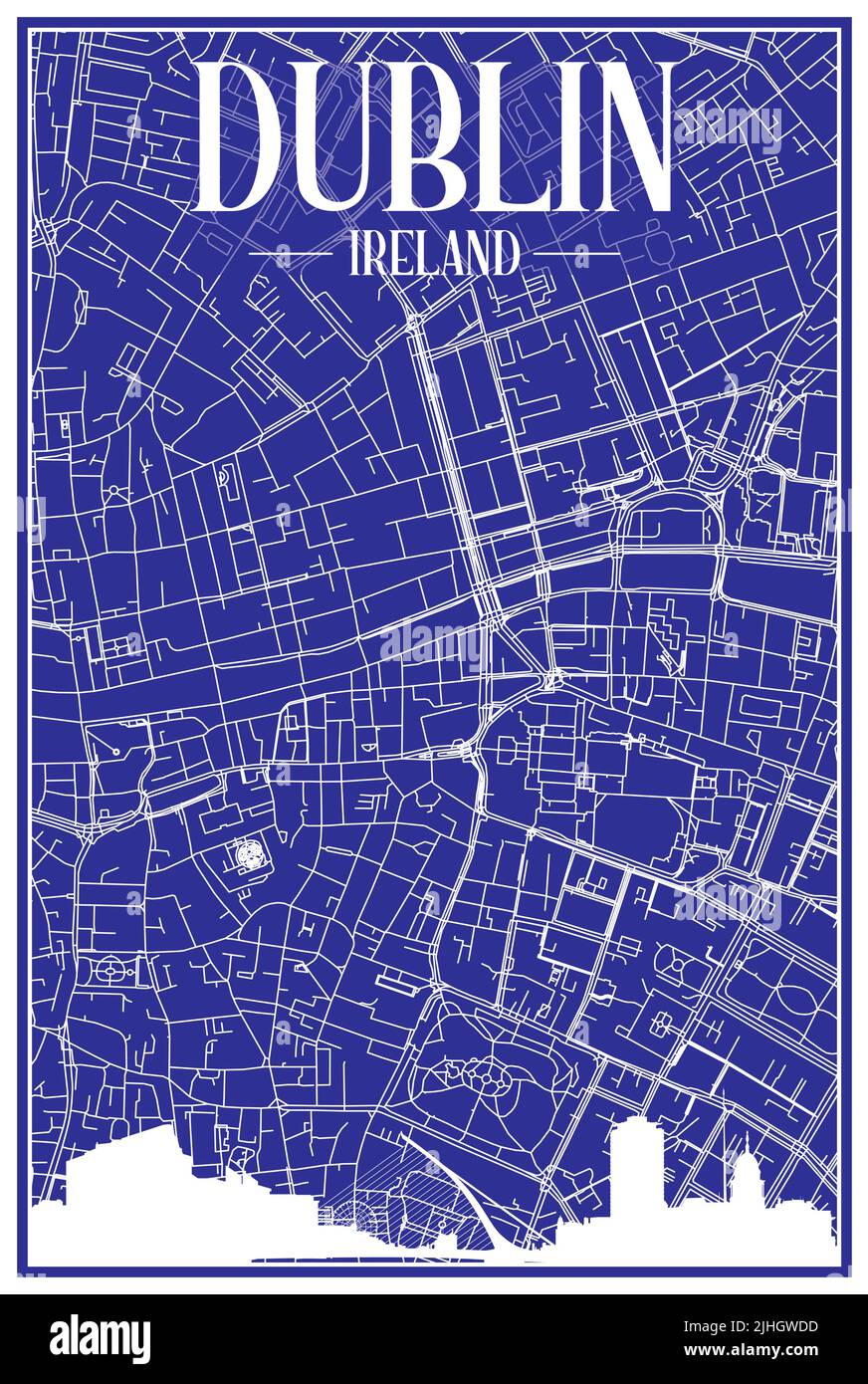 Handdrawn panoramic city skyline poster with downtown streets network