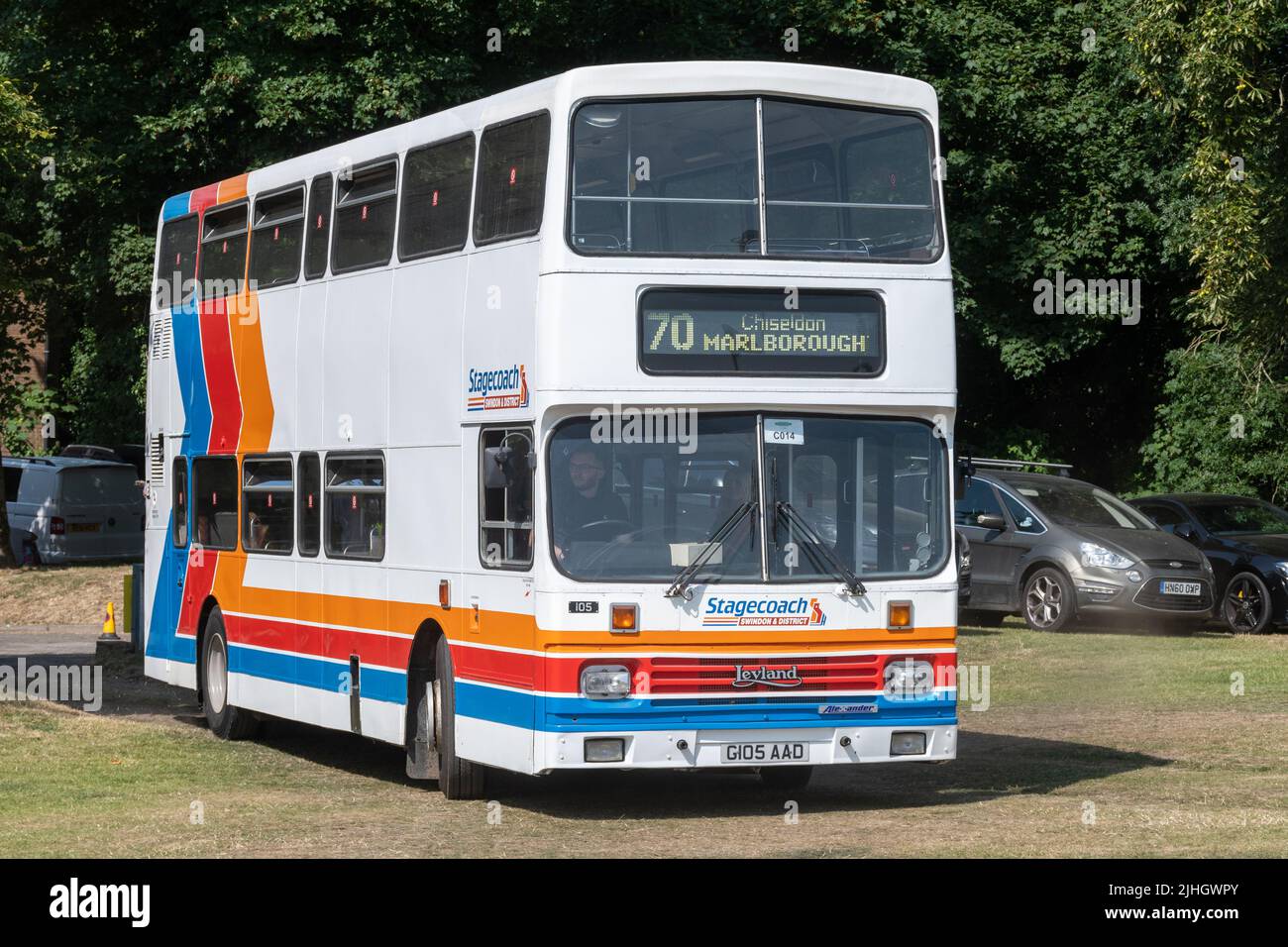 Swindon & District Stagecoach double-decker bus, a 1990 Leyland bus with multi-colour livery, at a transport event in Hampshire, England, UK Stock Photo