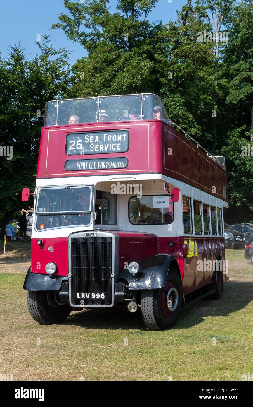 Vintage red Leyland open top bus at Alton Bus Rally and Running Day in July 2022, a transport event in Hampshire, England, UK Stock Photo