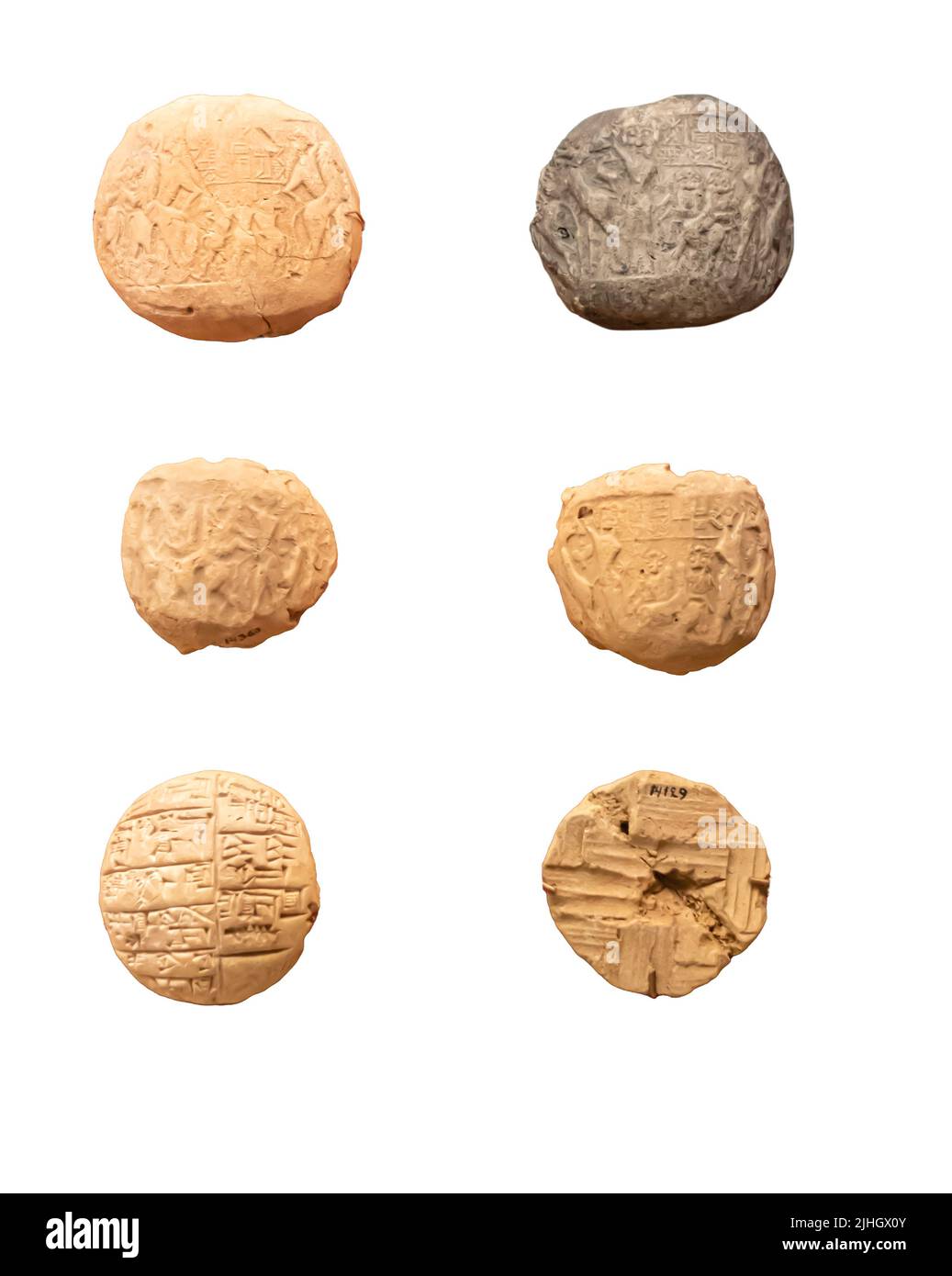 Bullae, uninscribed,, with seal impressions; basket-labels. Lagash. Pre-Sargonic period. Stock Photo