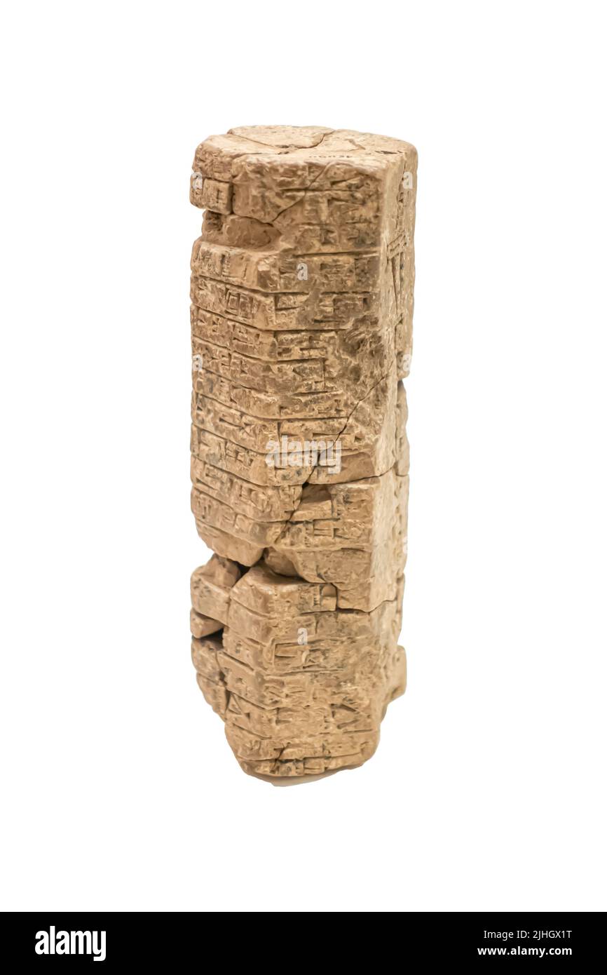Hexagonal clay prism with  lexical text, excerpt mentioning professions, titles, Lagash Sargonic period Stock Photo