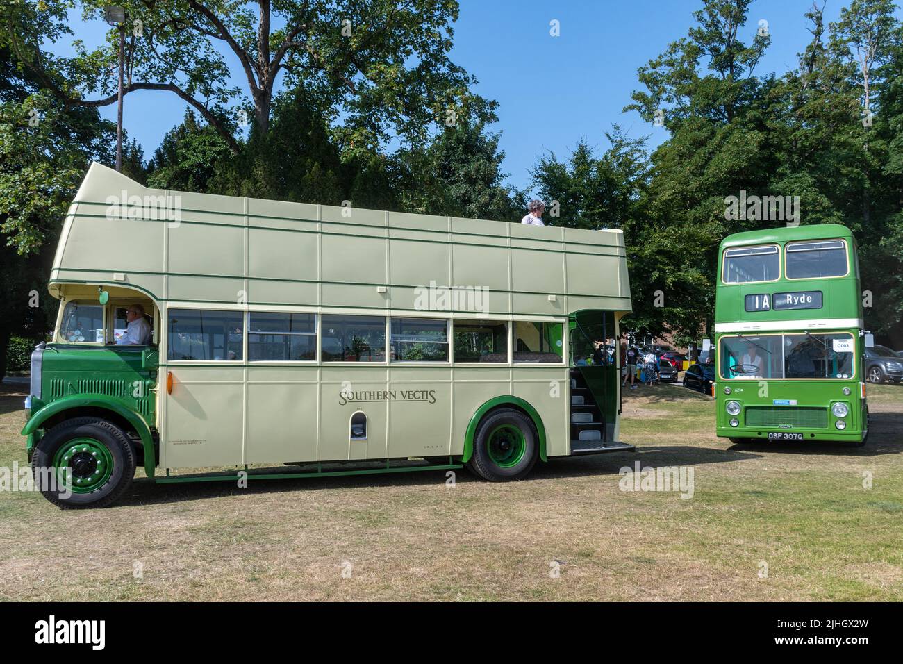 Vintage buses from the Isle of Wight bus museum entering Anstey Park for the Alton Bus Rally and Running Day, Hampshire, England, UK, in July 2022 Stock Photo