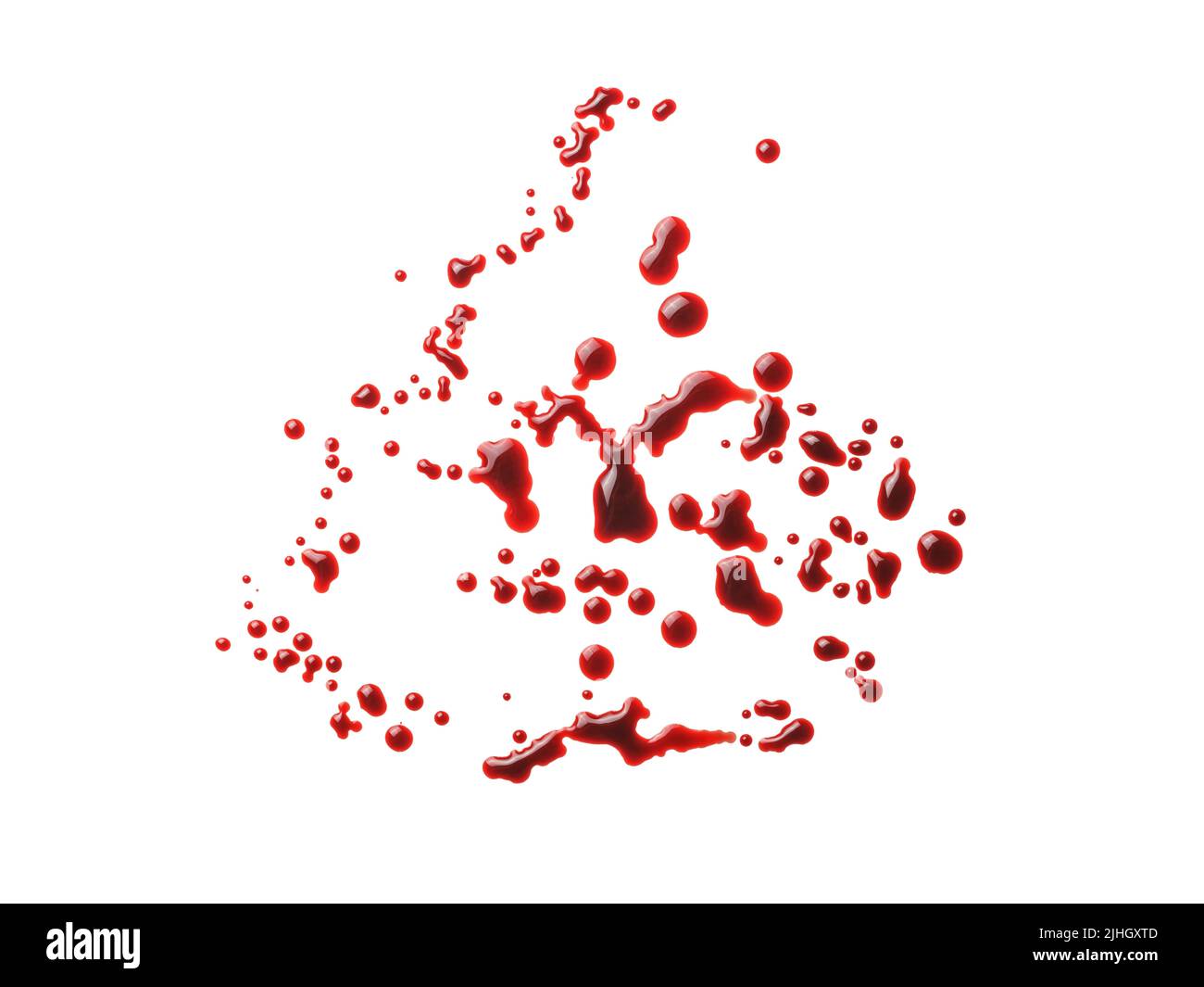 Blood drops close up. Top view isolated on white, clipping path included Stock Photo
