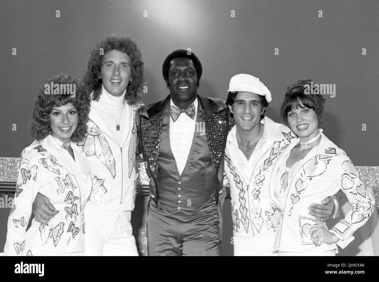 Kaptain Kool And The Kongs cast members - Louise DuArt, Mickey McMeel, Michael Lembeck and Debra Clinger with Meadowlark Lemon on the set of the taping of Kaptain Kool and the Kongs ABC All-Star Saturday 1977 Credit: Ralph Dominguez/MediaPunch Stock Photo